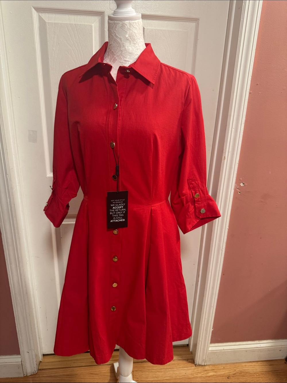 White House Black Market Red Button-Front Shirt Dress